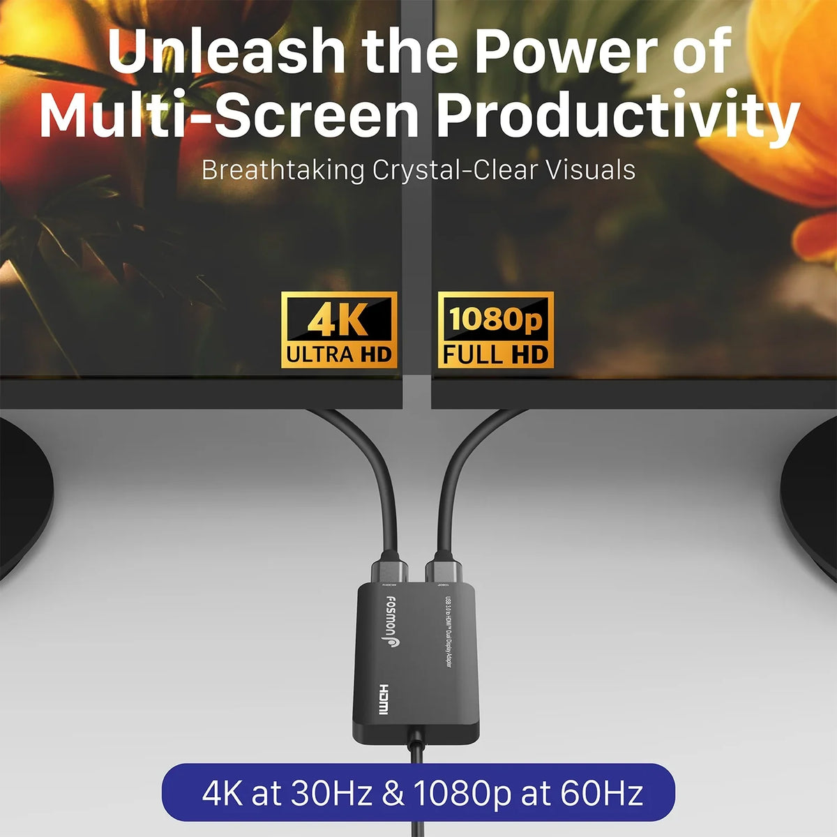 Monitor HDMI Windows Adapter, Monitors & USB 4 to 4K@30Hz+1080P@60Hz, Display Fosmon Adapter, HDMI USB-A, Video 2.0 Splitter Mac Support for Dual 3.0 Thunderbolt 6 OS Displays USB USB-C, Graphics 3/4,