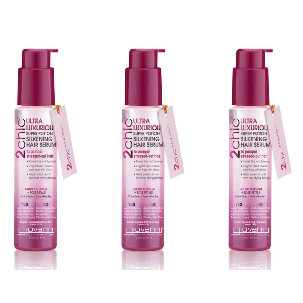 3) of oz. 2chic Rose Potion Serum, Safe Vera, Wavy (Pack Super Silkening Hair Cherry B5, Ultra Color Petals, Blossom Free, 4 Pro-Vitamin Hair, GIOVANNI & Aloe Luxurious Curly & Paraben Smooths