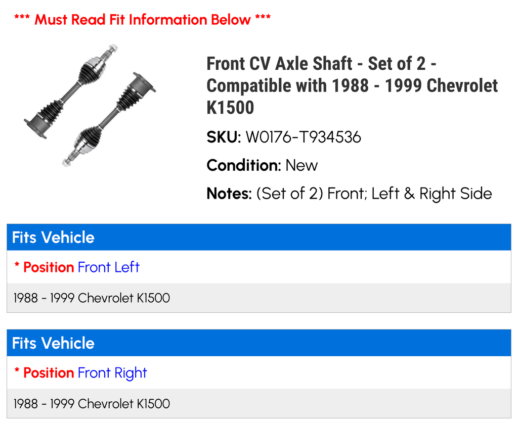 of 1994 Shaft CV - Compatible 1992 1995 Front 1998 1989 1990 1996 K1500 with Set - 1988 1991 1997 Chevy 1999 - 1993 2 Axle