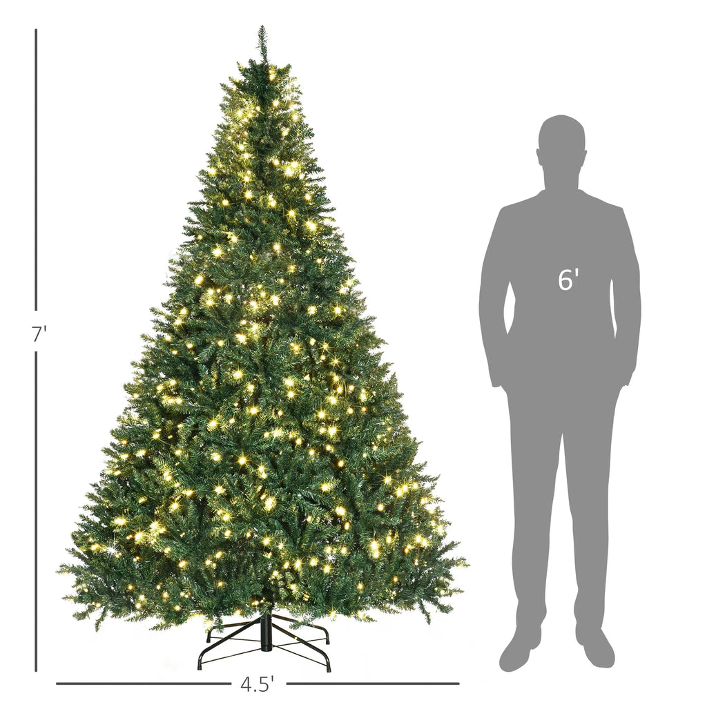 Lights Branches, Tips Christmas Douglas White Full and HOMCOM with 7ft Pre-Lit Warm Fir Tree 700 2154 LED Realistic Artificial