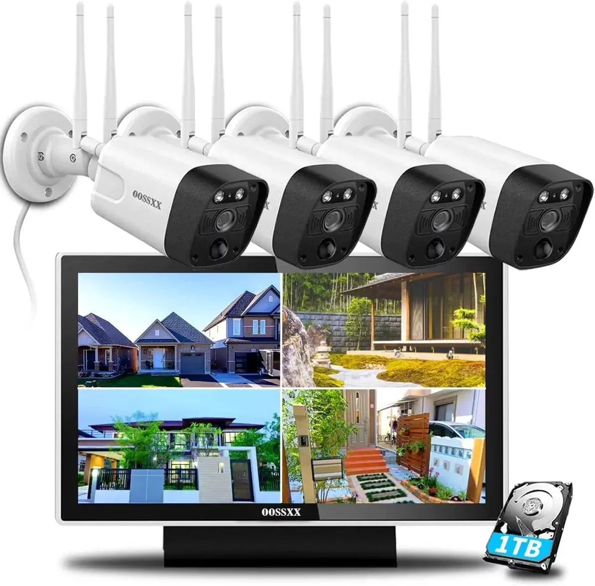 All-in PIR Camera System}, Detection two-way 10-inch monitor with 5.0mp Wireless by 1TB，Dual Antennas, one {Full OOSSXX 4pcs audio
