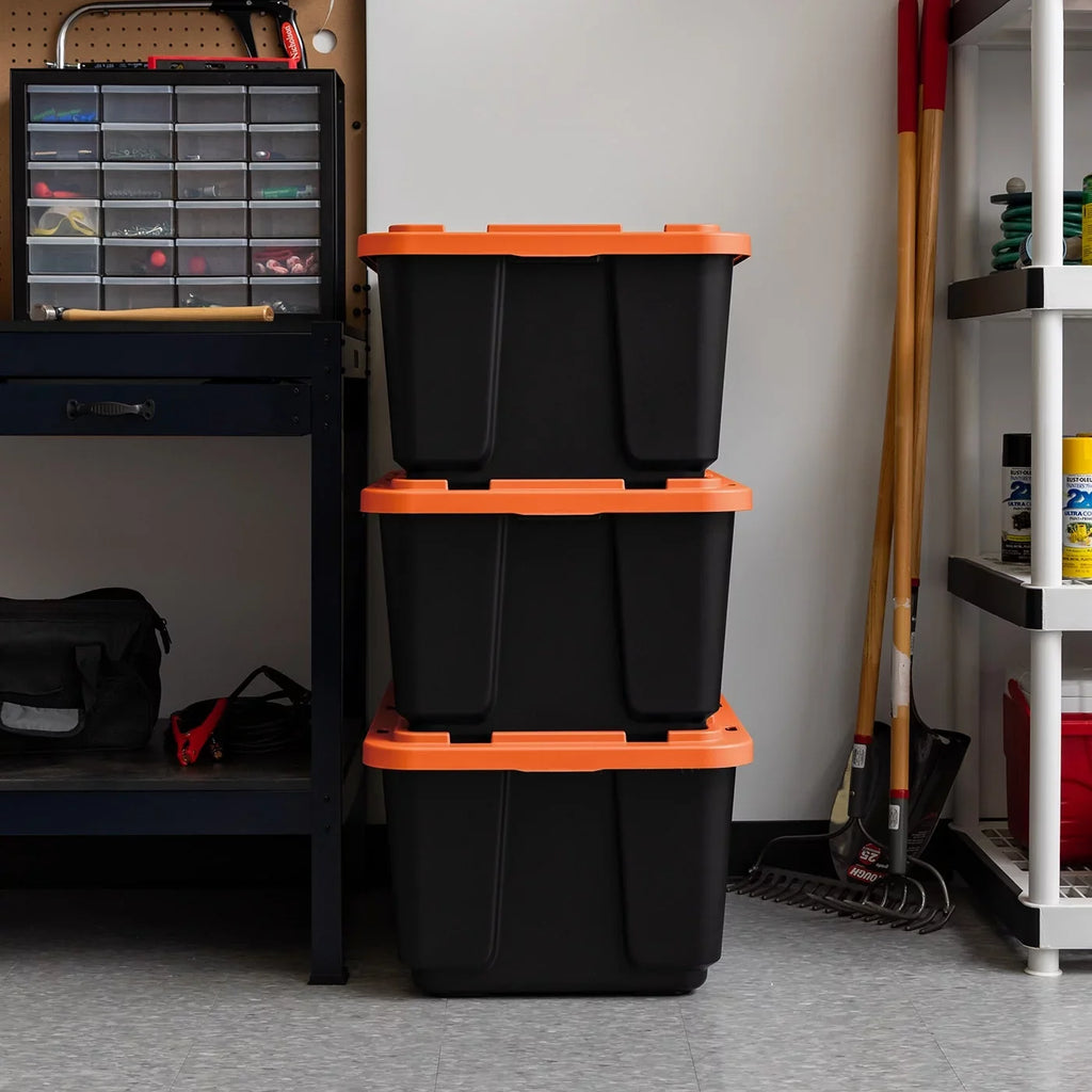 Tough USA Black Orange 108qt/27gal 3 IRIS Lid Duty Utility with Tote, Pack Heavy