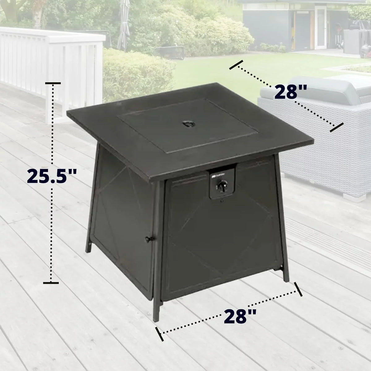 Steel exterior and Square Gas Backyard Pit with Cover Lava Lid, Steel Black Fire 28 Rocks Inch Tabletop