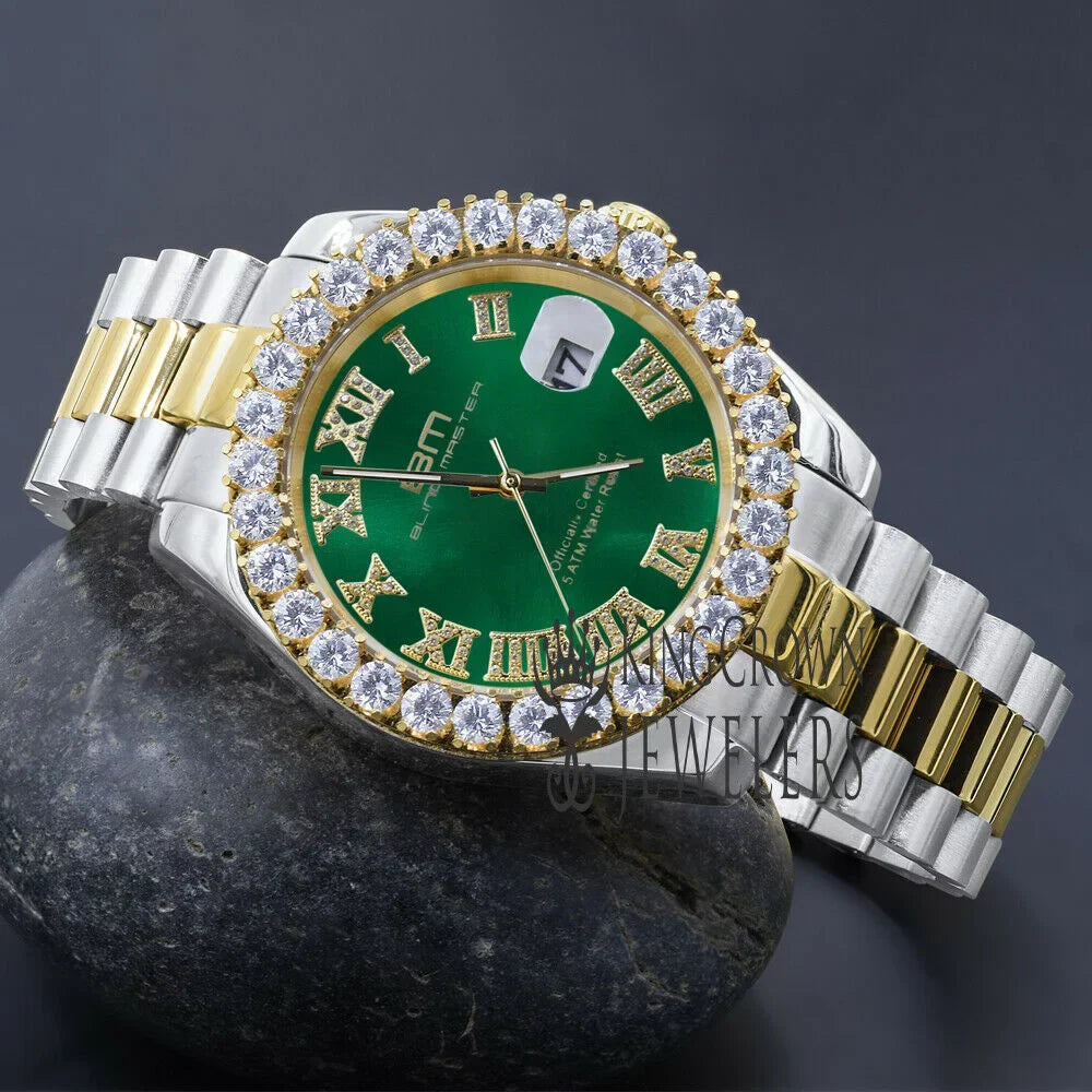 Mens 42mm Stainless Numbers Face Diamond 18k Steel Dial Watch Tone Green Full 2 Gold Roman