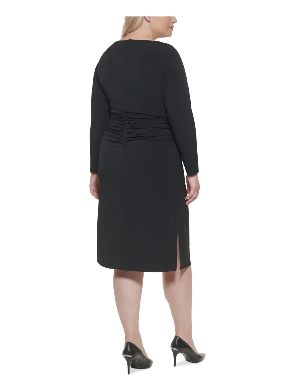 Long Work Womens Stretch Round Zippered Neck Sheath Black CALVIN 16W Plus Wear Sleeve outfit Midi To Ruched KLEIN
