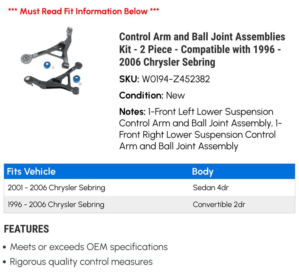 Assemblies 2005 Compatible 1999 2003 1996 Arm 2006 and Chrysler Kit Ball Piece Joint 2004 2001 1997 Sebring - Control - 2000 2002 2 - 1998 with