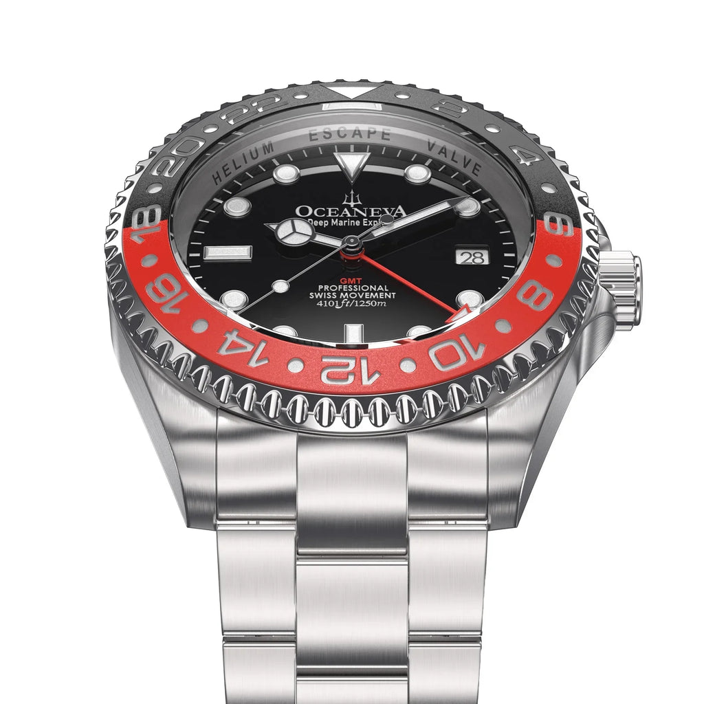 1250M Explorer Red Movement Pro Oceaneva™ Steel Men's Deep GMT and Swiss Diver Watch Stainless Quartz, Black- Marine Bracelet