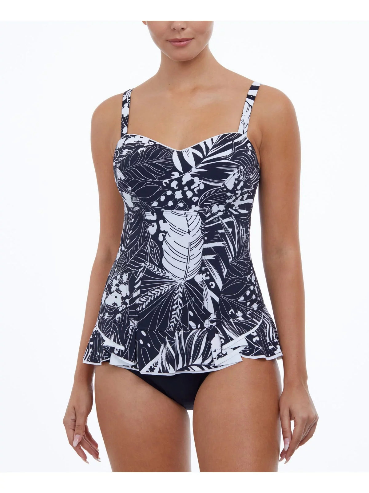 Women's Print 8 Stretch Adjustable Ruffled Fixed Cups Tummy GOTTEX Control by Swimdress Black Tropical Sweetheart PROFILE Marbella Neck