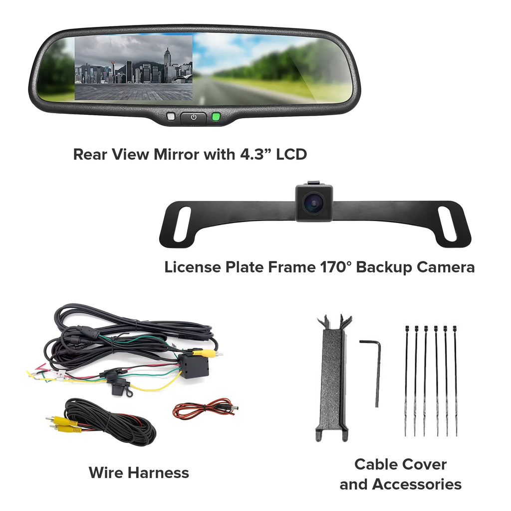 Rear for 4.3” LCD Backup Car Waterproof Master Universal View Camera Safety with OEM Mirror - Fit Kit Enhanced Screen Tailgaters + 170°
