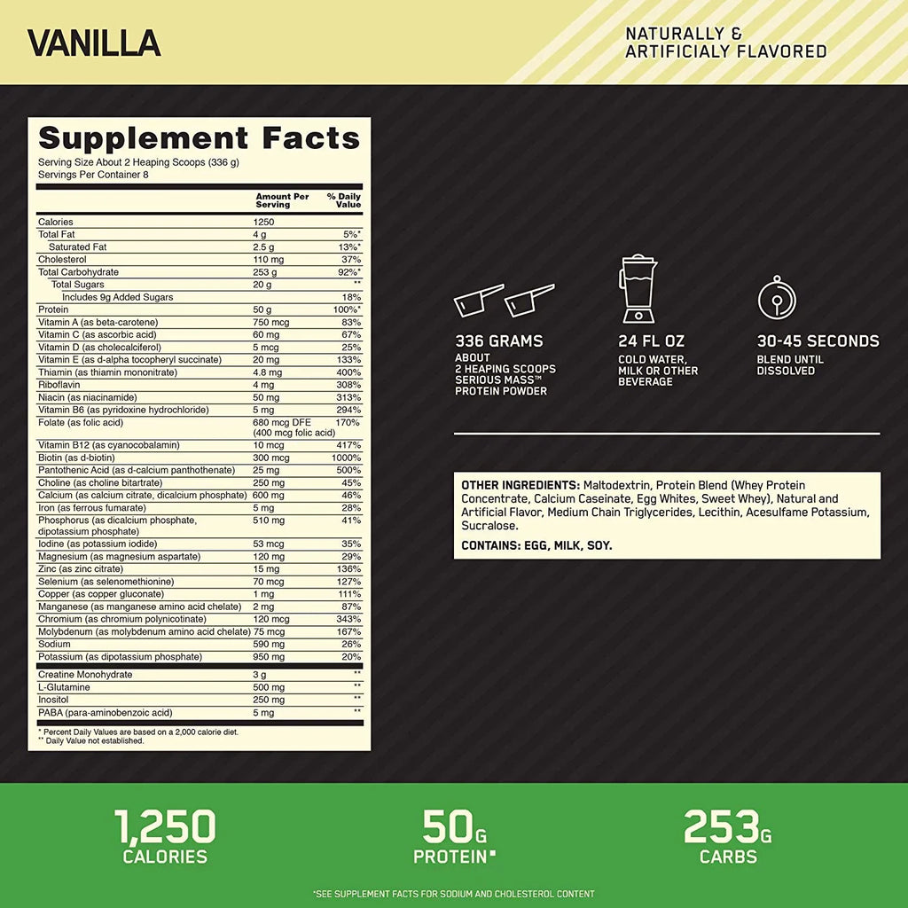 Powder, Protein Vanilla, Nutrition, Optimum Serious Weight 6.lb Mass, Gainer