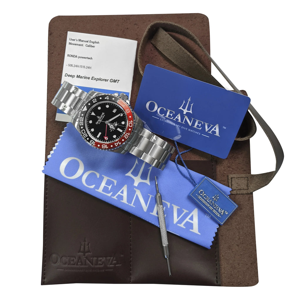 1250M Explorer Red Movement Pro Oceaneva™ Steel Men's Deep GMT and Swiss Diver Watch Stainless Quartz, Black- Marine Bracelet