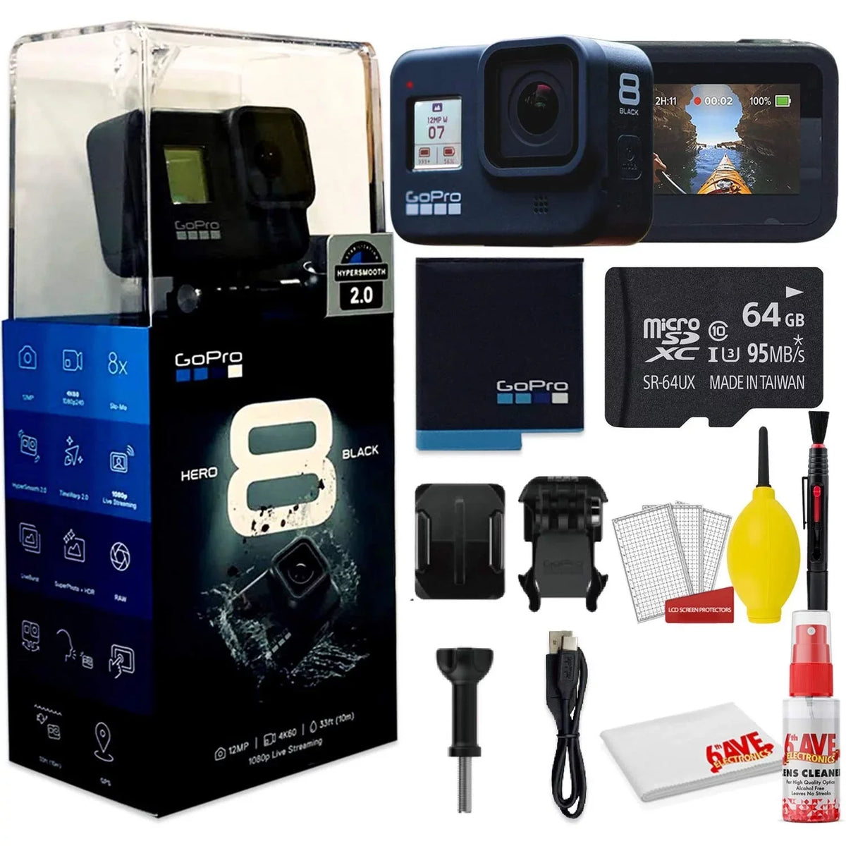 Action 64GB GoPro Memory and More. Care Set and Card + With - Digital Clean Camera HERO8 Black