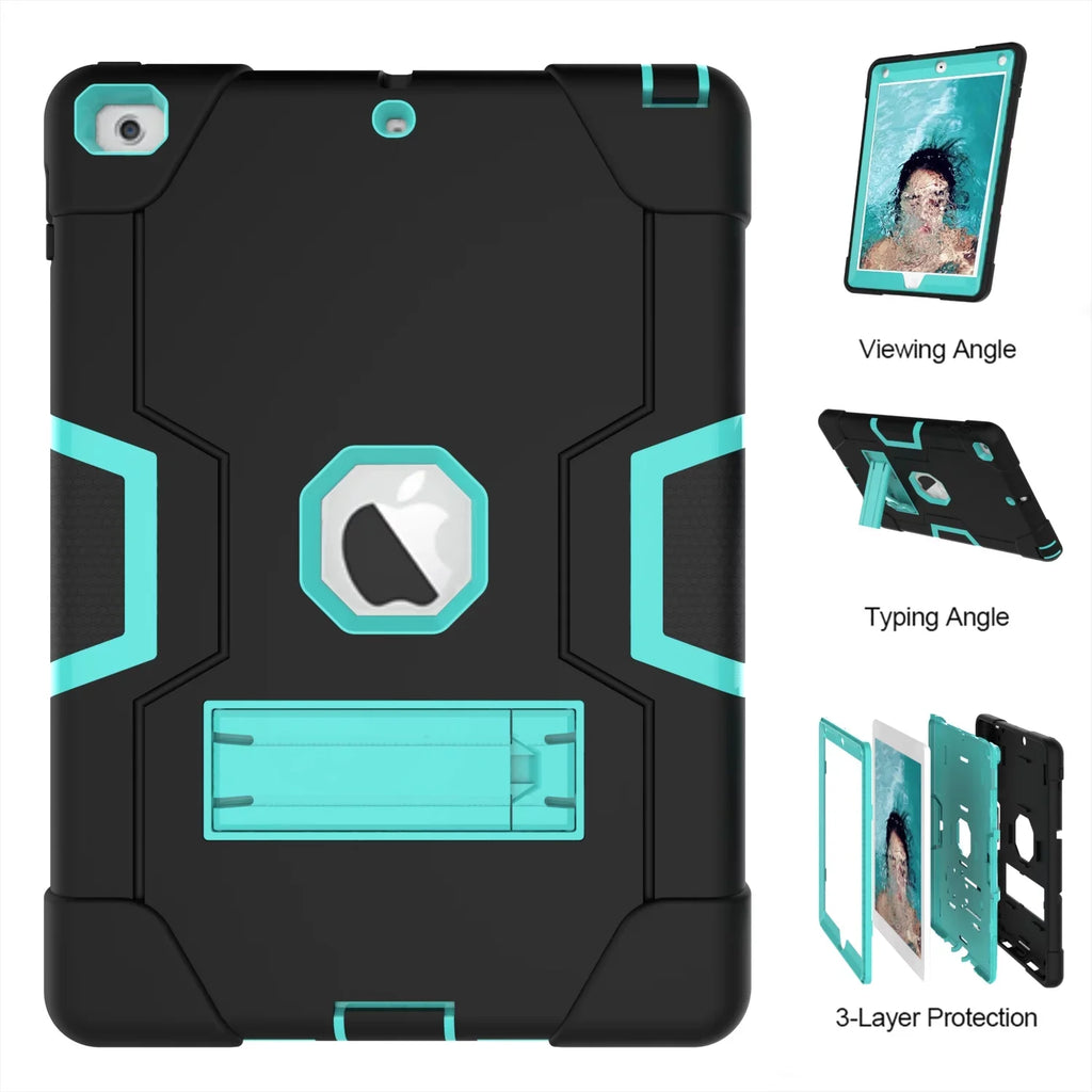 Allytech 2018 Case New Armor 9.7 Case,Three 2017/2018 iPad 6th/5th A1954 iPad for 2017,iPad (Black/Aqua) Case Generation 9.7 A1893 for Defender Layer Cover A1823 A1822 Shockproof Protective