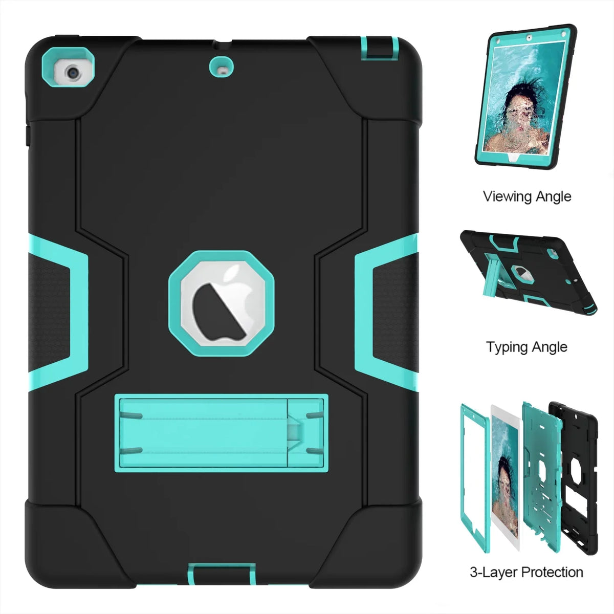Allytech 2018 Case New Armor 9.7 Case,Three 2017/2018 iPad 6th/5th A1954 iPad for 2017,iPad (Black/Aqua) Case Generation 9.7 A1893 for Defender Layer Cover A1823 A1822 Shockproof Protective