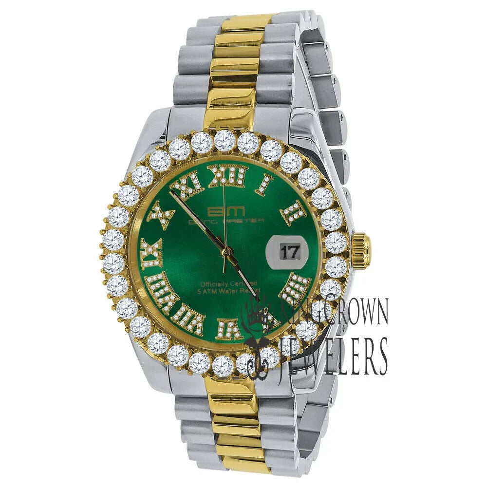 Mens 42mm Stainless Numbers Face Diamond 18k Steel Dial Watch Tone Green Full 2 Gold Roman