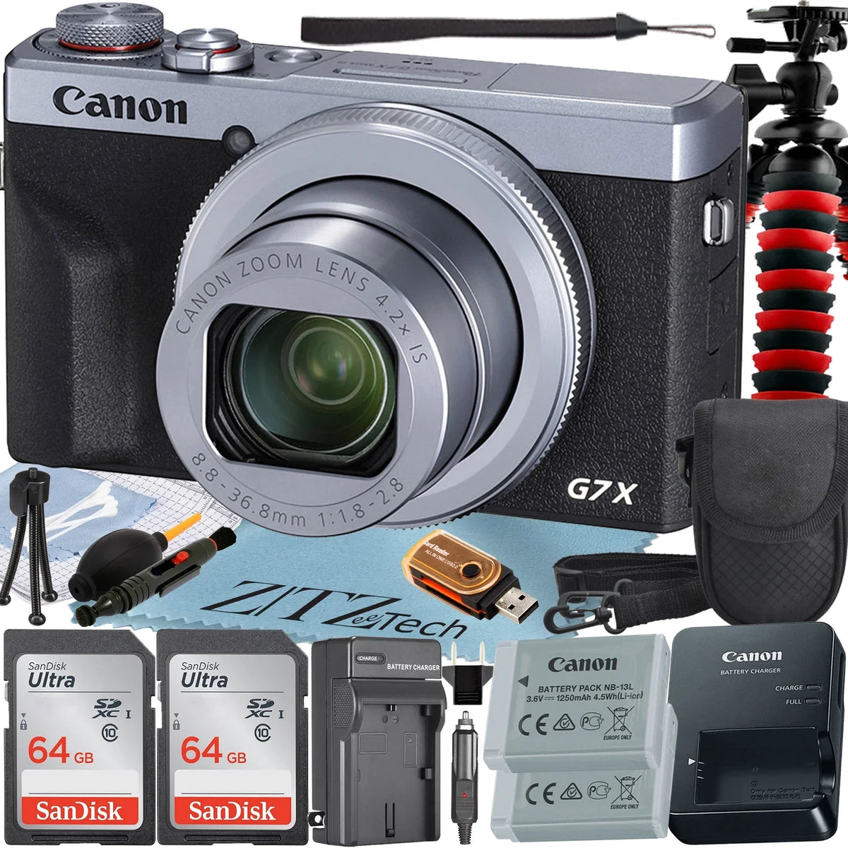 (Silver) Bundle + with Card + Tripod III ZeeTech Camera X Mark G7 Canon Pieces 64GB Professional 2 Digital SanDisk Case Memory + PowerShot