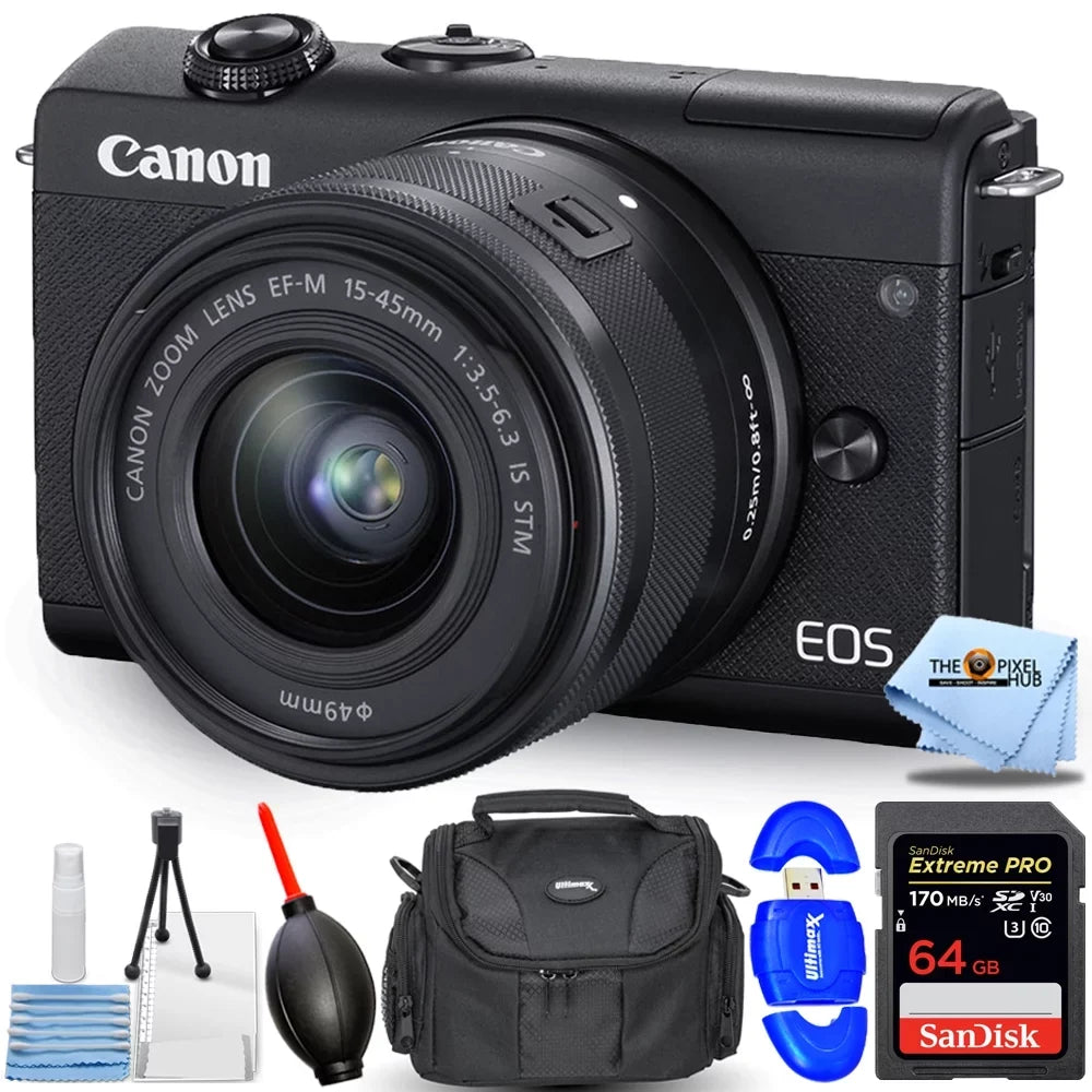 M200 Bundle Lens - EOS Canon Mirrorless Camera with (Black) Digital Essential 64GB 15-45mm