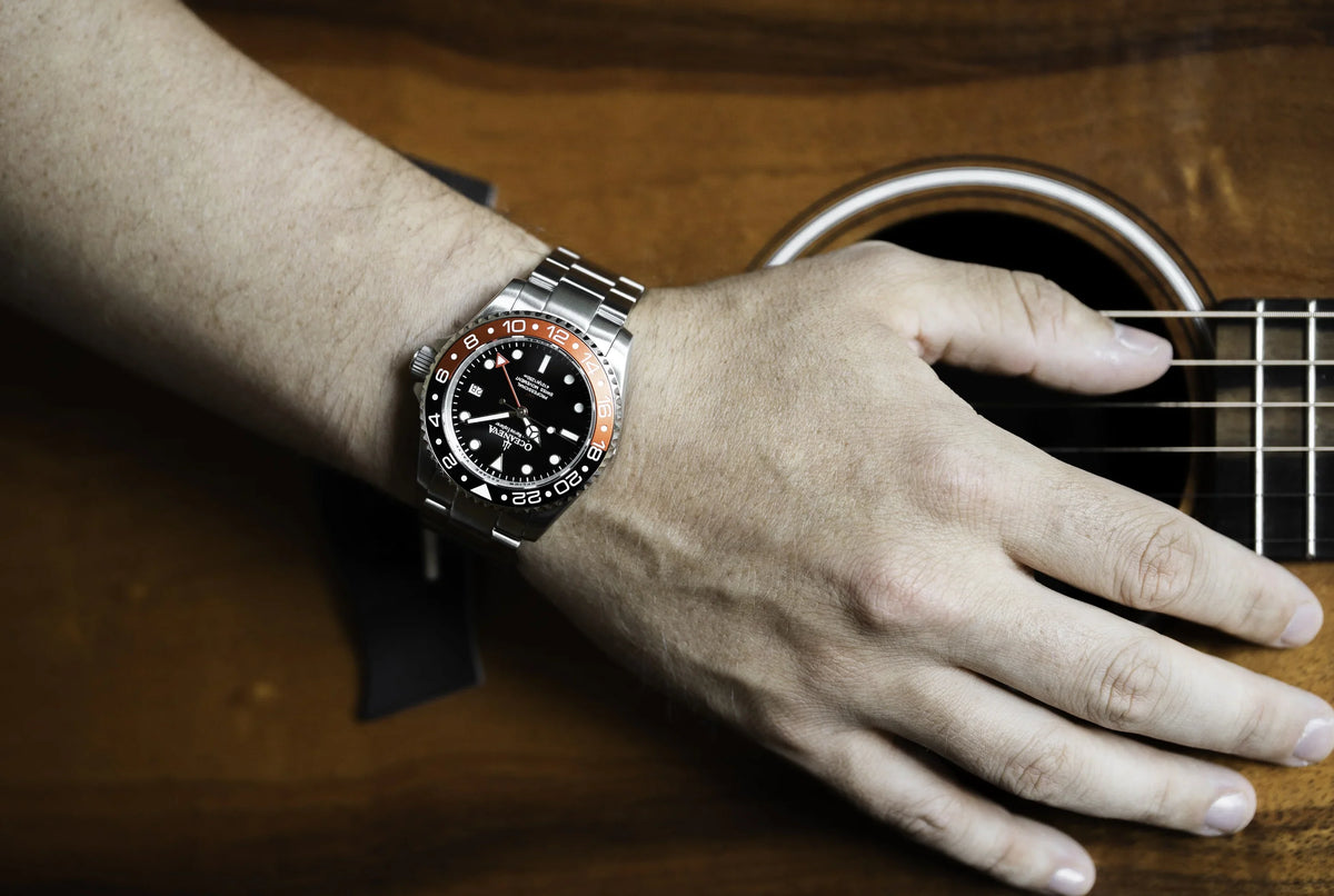 1250M Explorer Red Movement Pro Oceaneva™ Steel Men's Deep GMT and Swiss Diver Watch Stainless Quartz, Black- Marine Bracelet