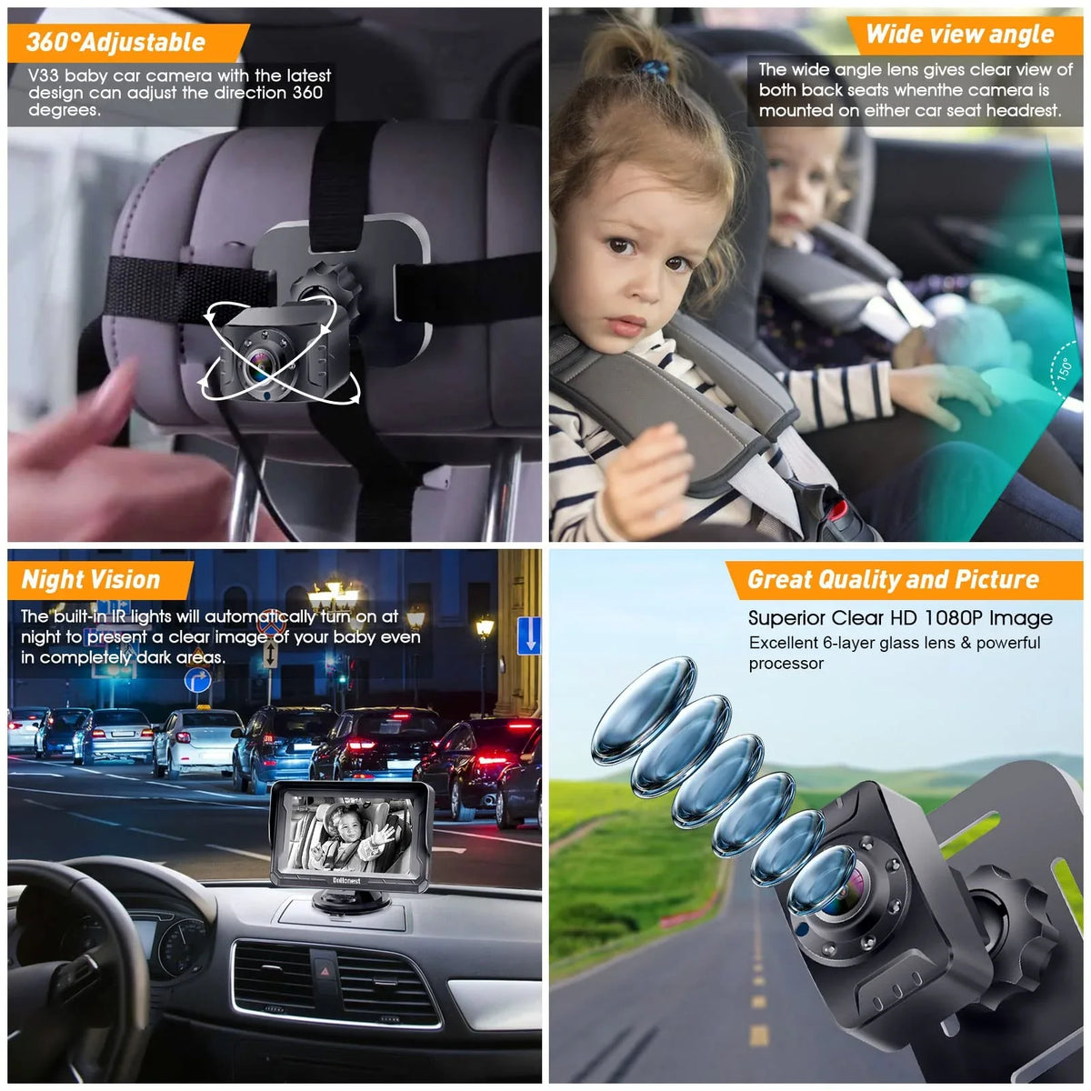 Baby Two and with -V33 Night Backseat Facing Camera Camera Plug Crystal Rear Play Rotating Camera Monitor 3 Mins 1080P: Install Car Kids Baby HD DoHonest Vision Easy 360&deg; Car