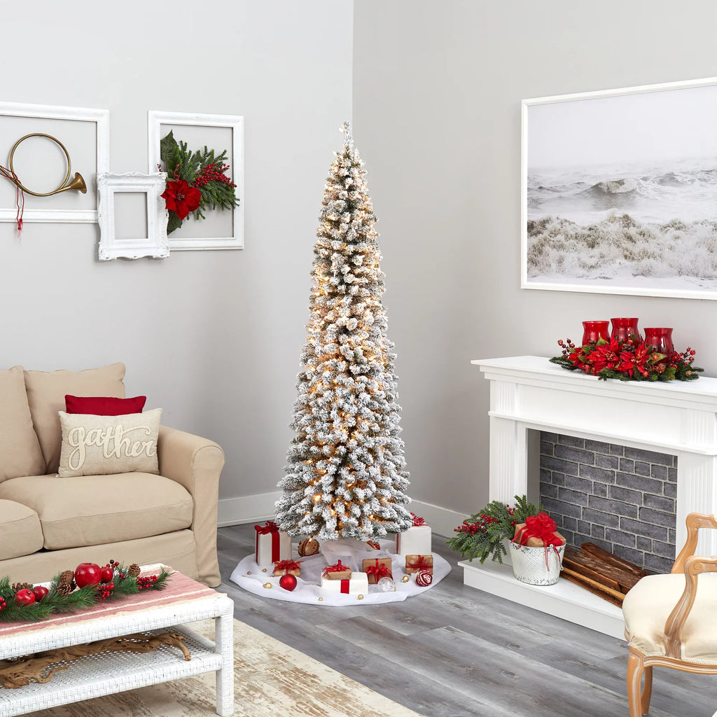 Pencil 400 Artificial Prelit Tree Clear Natural White Lights 7' Christmas Flocked Nearly