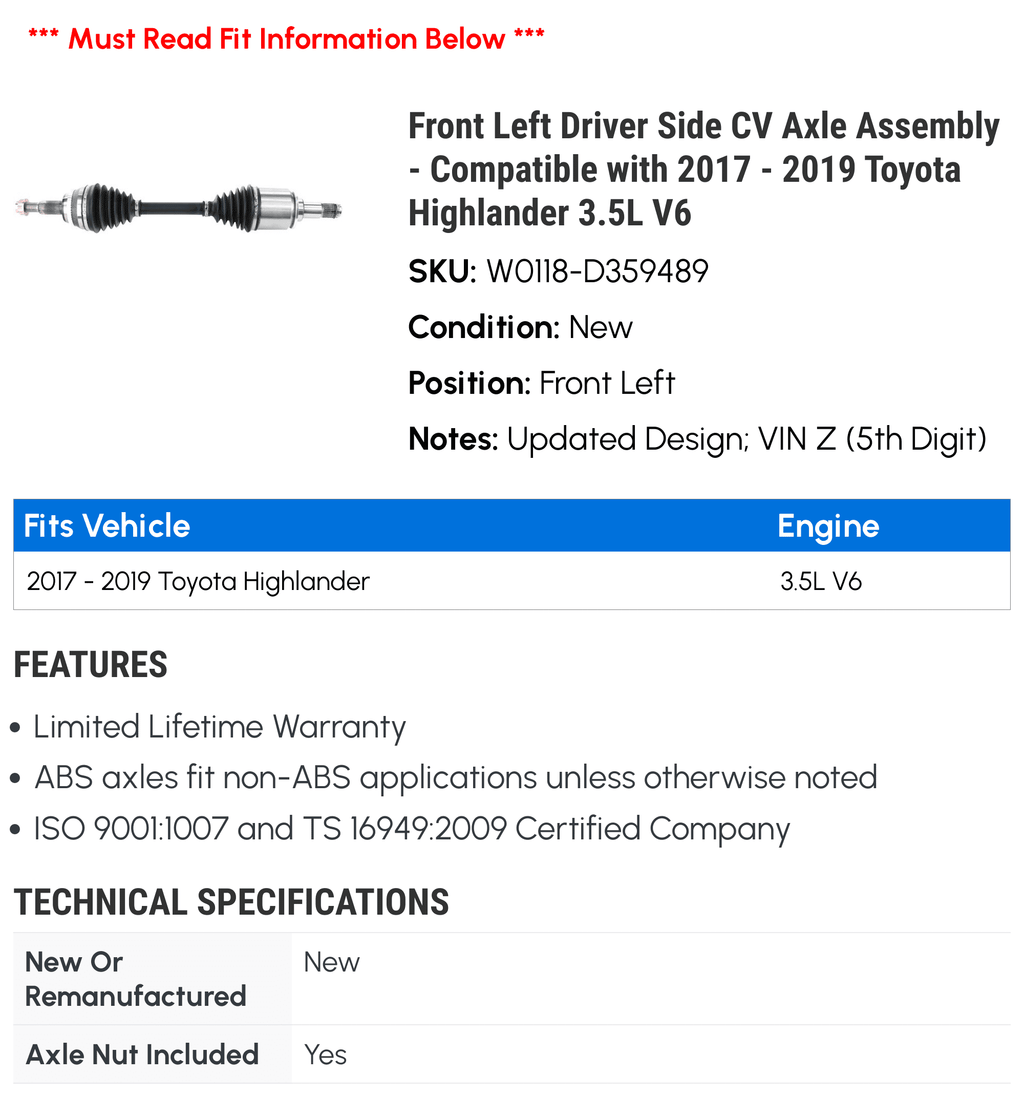 Axle Assembly 2018 Compatible Left Highlander Toyota 2019 Driver 3.5L with 2017 Front V6 - - Side CV