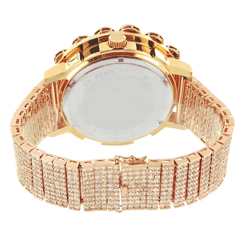 Iced Tone Bezel 14k Real Rose Diamond Face Big Out Flower Khronos W/Date Full Band Men's Gold Watch