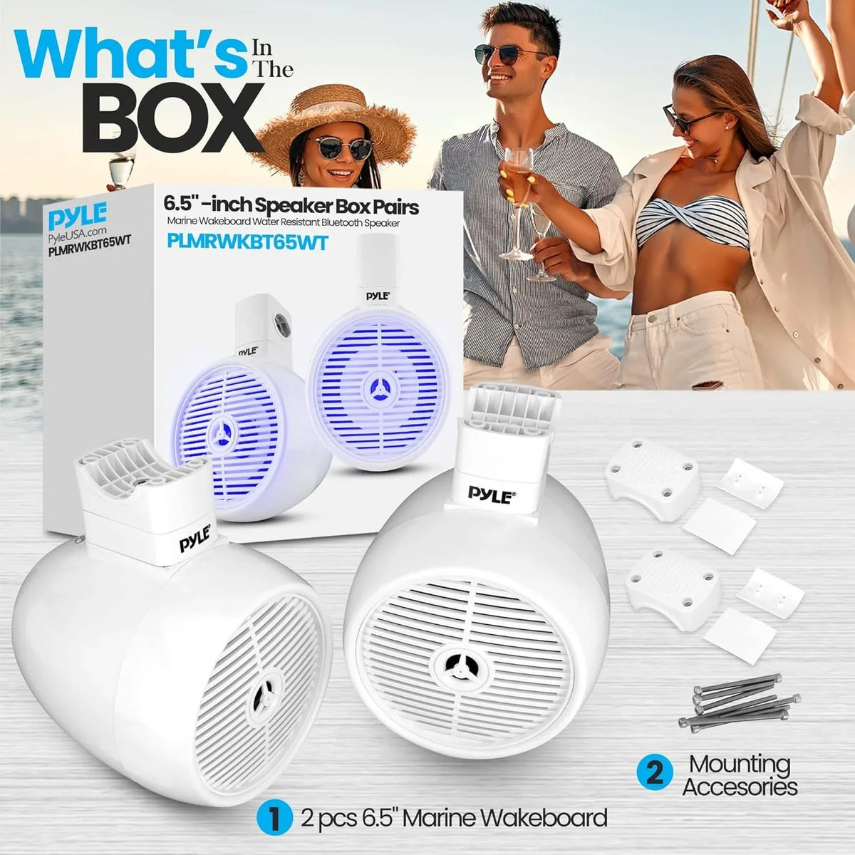 Speaker White Speaker PLMRWKBT65WT Single Mini Bluetooth liquid Marine Built-in System 2-Way Lights, Box LED with Resistant - 6.5" Wakeboard