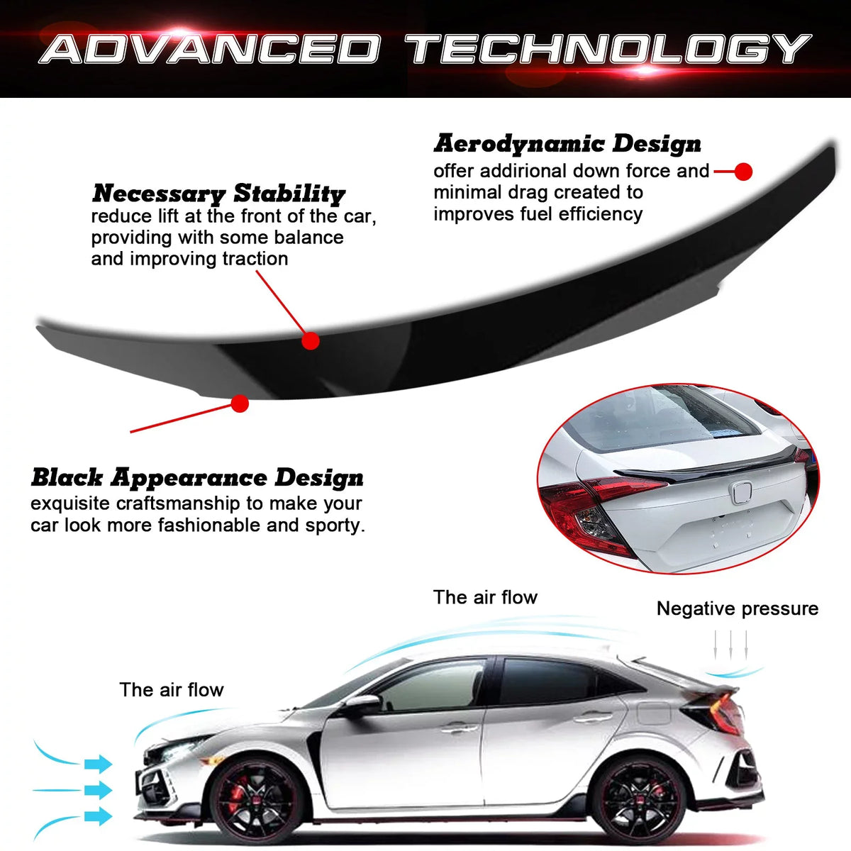 Tech 4DR Compatible 10th Spoiler Black Lip Wing with Xotic Glossy Trunk Rear Civic 2016-2021 JDM design Gen Honda