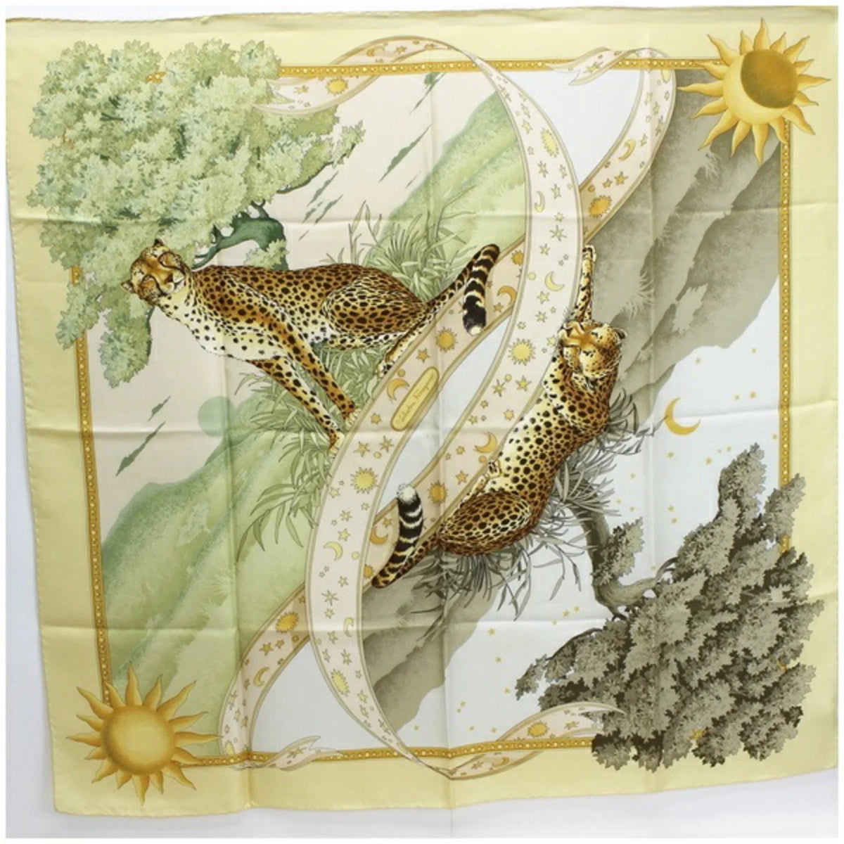 animal ladies paper scarf leopard muffler Ferragamo pattern Pre-Owned SALVATORE (Good) FERRAGAMO silk Salvatore yellow print