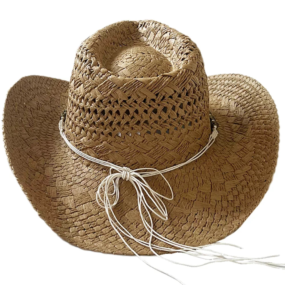 Women Sunshade Cowboy Hats Beach Hat With for Vintage Belt Men Keevoom Straw Bead