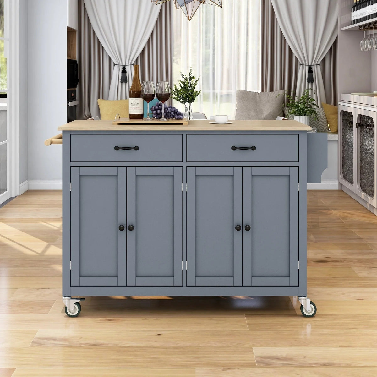 Wood Wheels Granite Grey Cart and Island Top Solid - Blue Kitchen Locking with