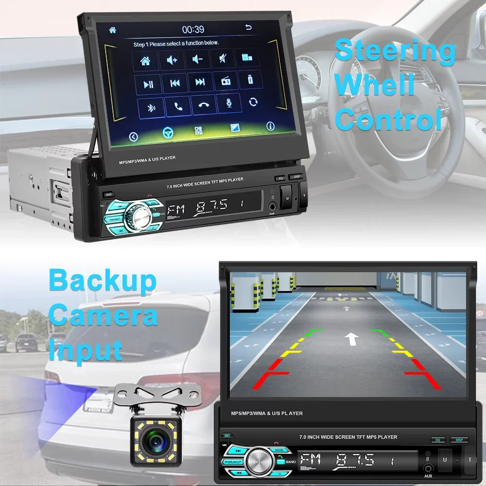 Backup Camera Auto Android Radio Auto with Car Touchscreen HD DIN Player Bluetooth Stereo Carplay 1 Link Function, Universal FM Mirror 7" LED Retractable 12 Podofo Single Video