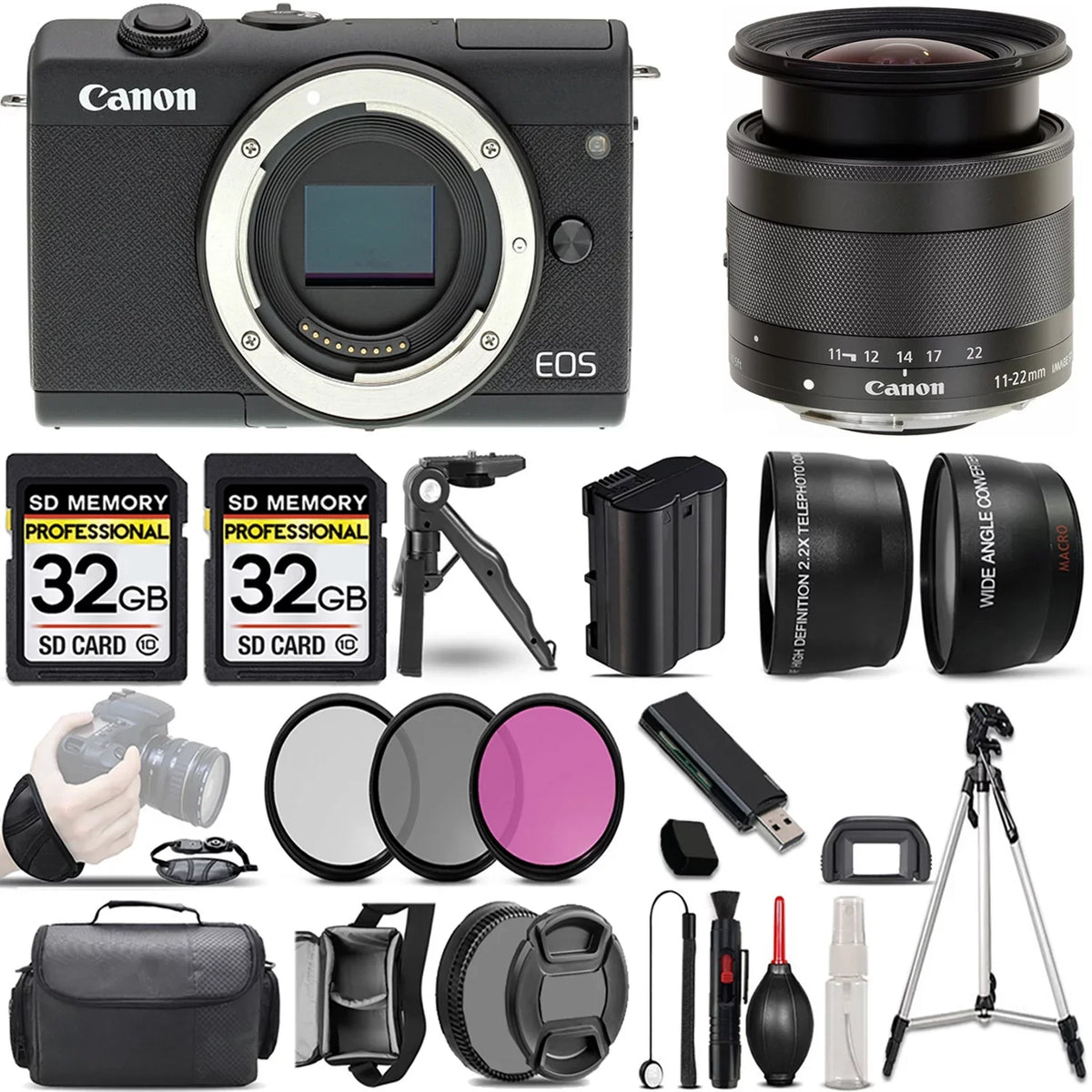 STM IS EOS Camera f/4-5.6 Canon Lens +64GB PC +11-22mm Mirrorless (Black) Filter M200 +3